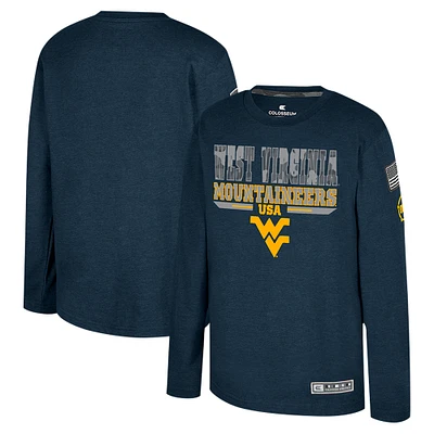 Youth Colosseum Heather Navy West Virginia Mountaineers OHT Military Appreciation Oorah Long Sleeve T-Shirt