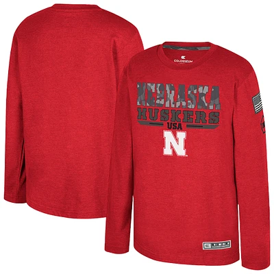 Youth Colosseum Heather Scarlet Nebraska Huskers OHT Military Appreciation Oorah Long Sleeve T-Shirt