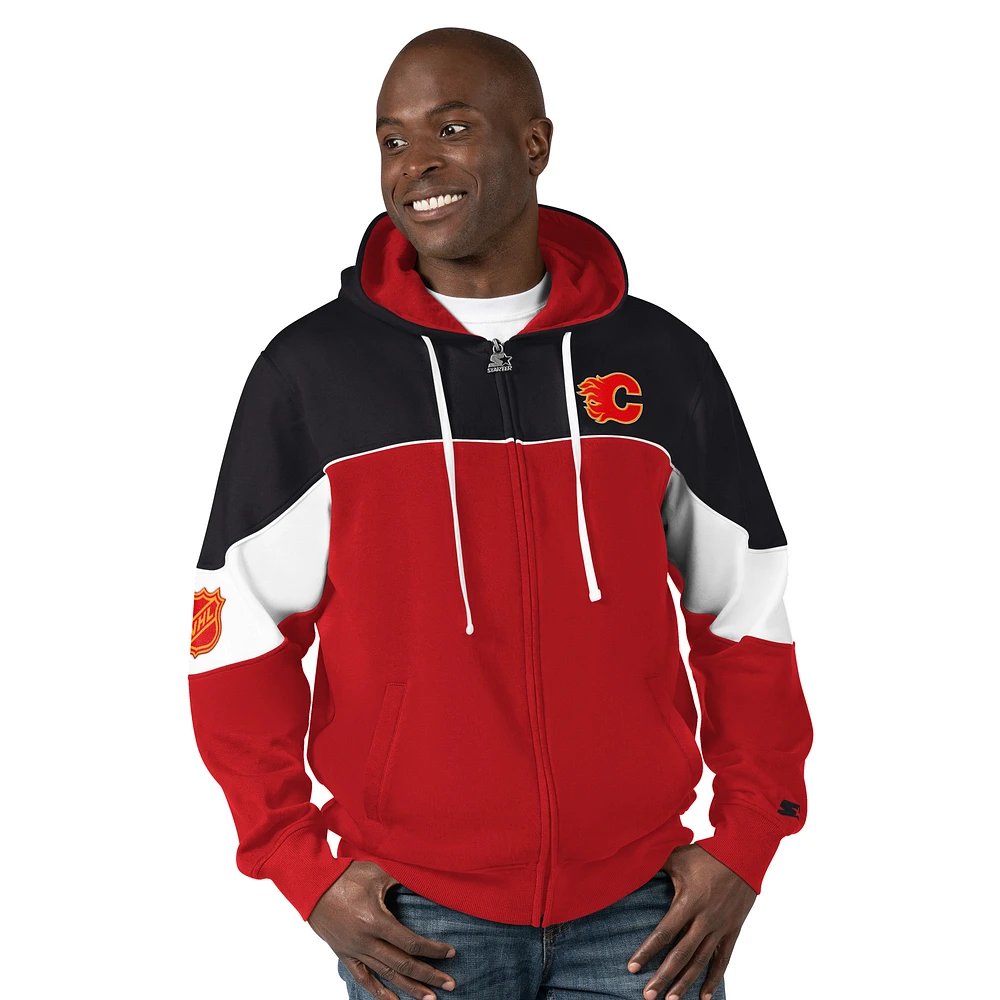 Men's Starter  Red/Black Calgary Flames Power Forward Full-Zip Hoodie