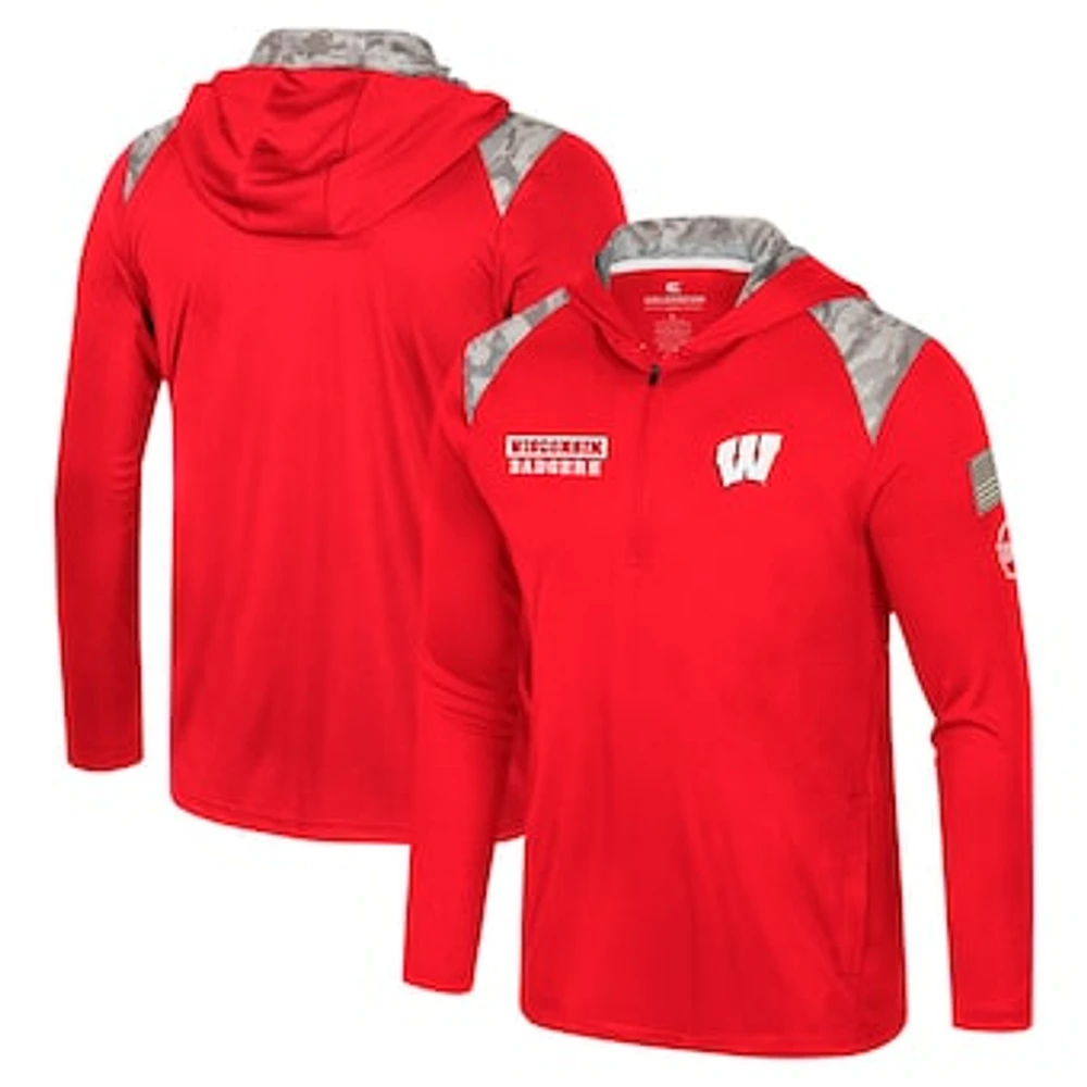 Men's Colosseum Red Wisconsin Badgers OHT Military Appreciation Quarter-Zip Hoodie Jacket