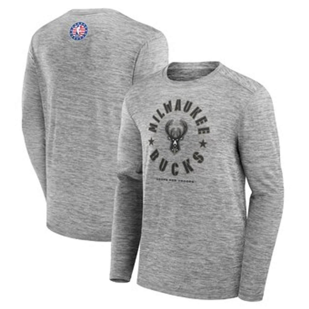 Men's Fanatics Heather Gray Milwaukee Bucks NBA Hoops for Troops Long Sleeve T-Shirt