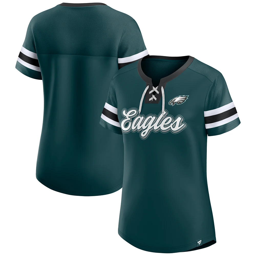 Women's Fanatics Midnight Green Philadelphia Eagles Iconic Bling Athena Lace-Up V-Neck T-Shirt