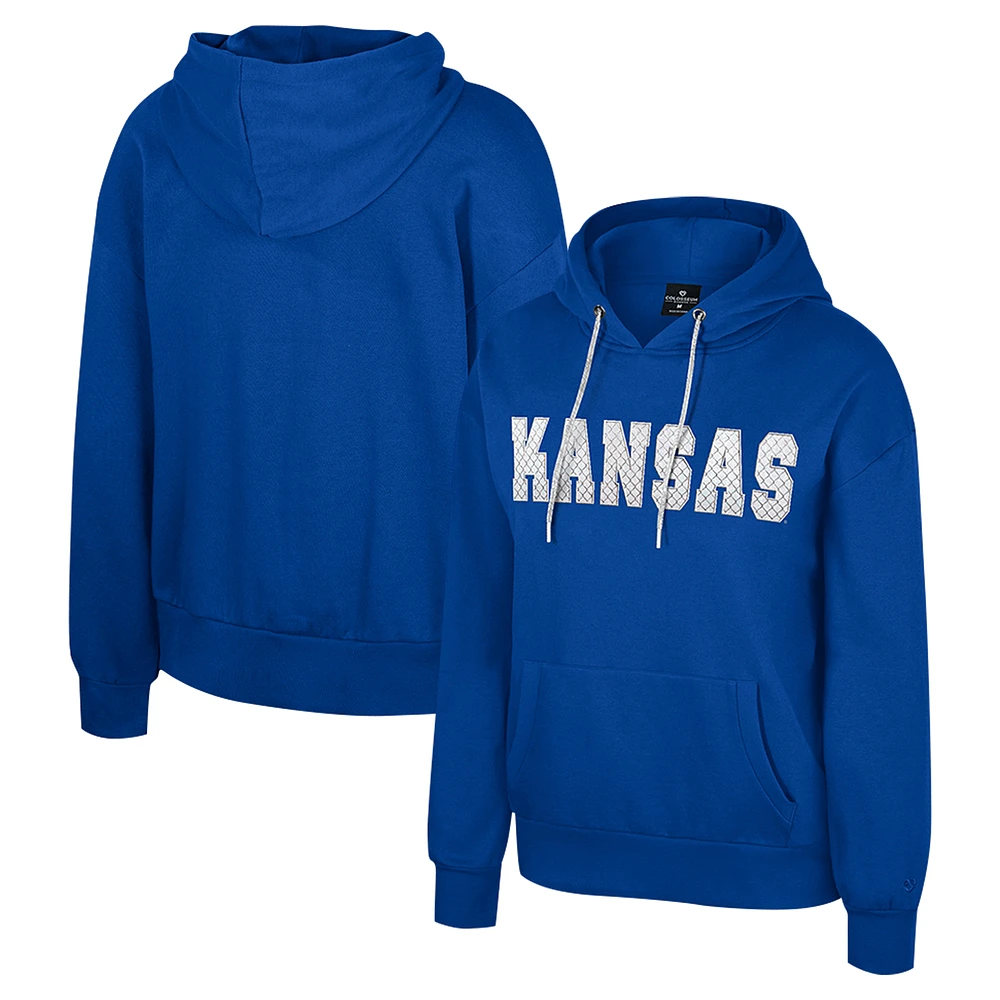 Women's Colosseum Royal Kansas Jayhawks Reflection Rhinestone Drawcord Pullover Hoodie