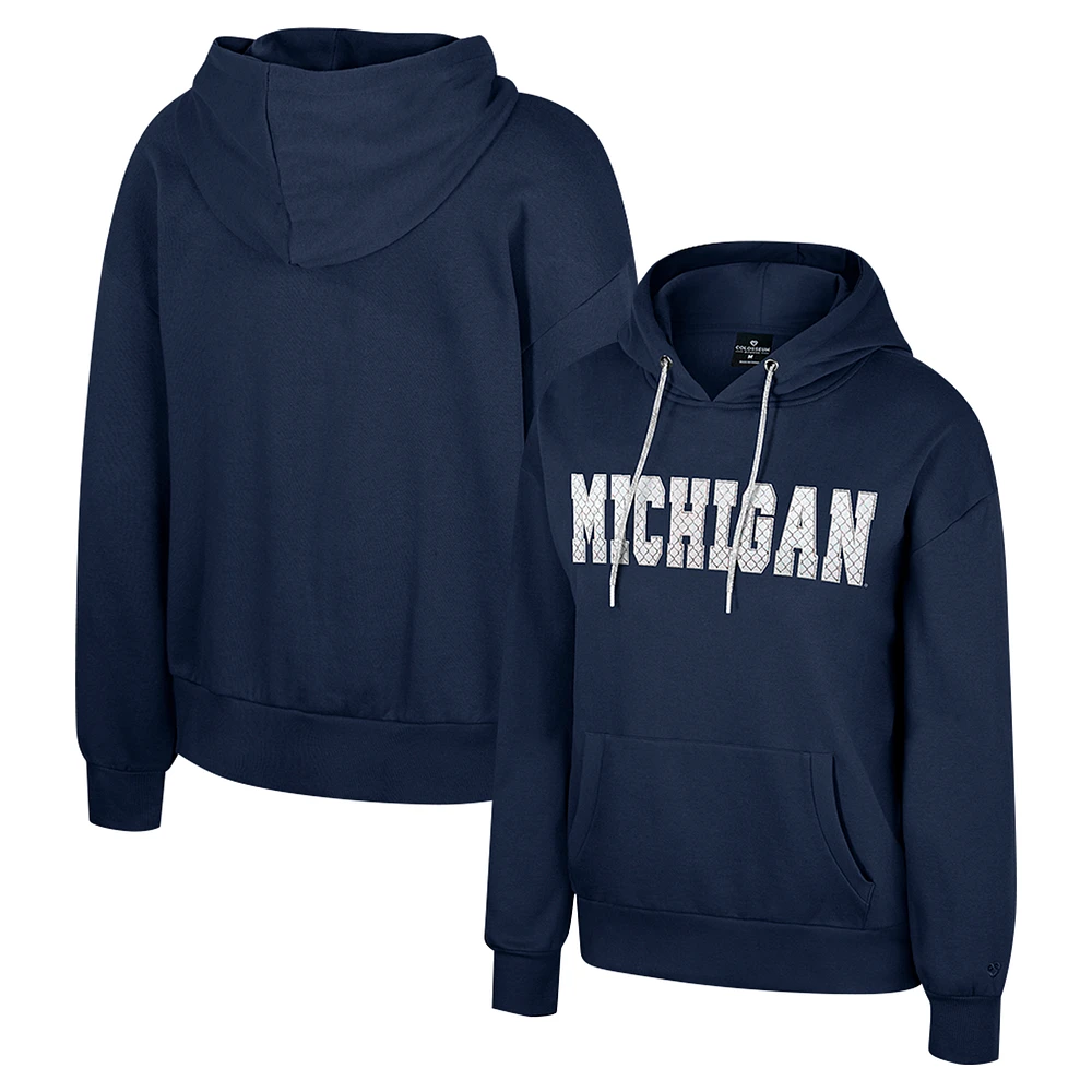 Women's Colosseum Navy Michigan Wolverines Reflection Rhinestone Drawcord Pullover Hoodie