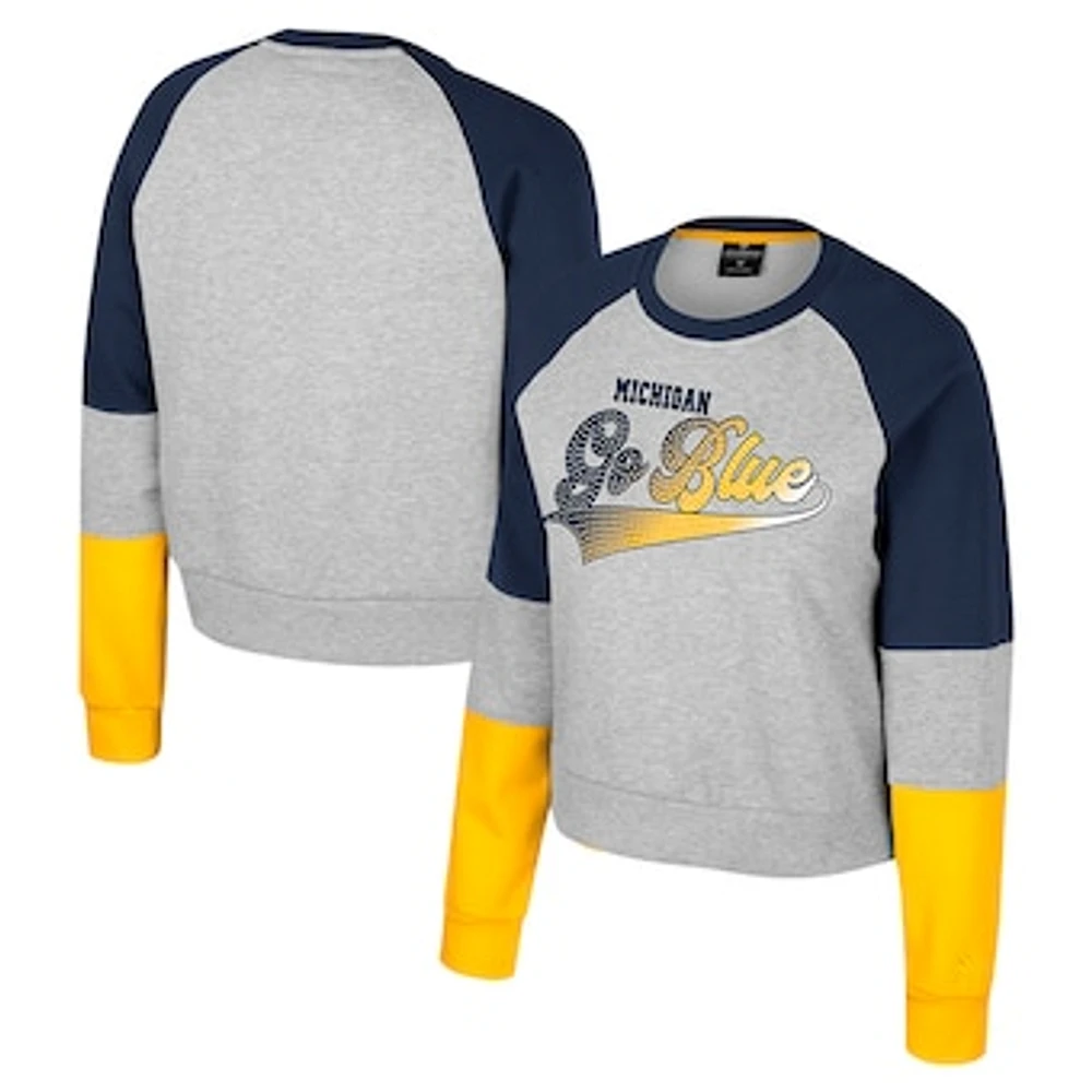 Women's Colosseum Heather Gray Michigan Wolverines Katinka Rhinestone Scoop Neck Pullover Sweatshirt