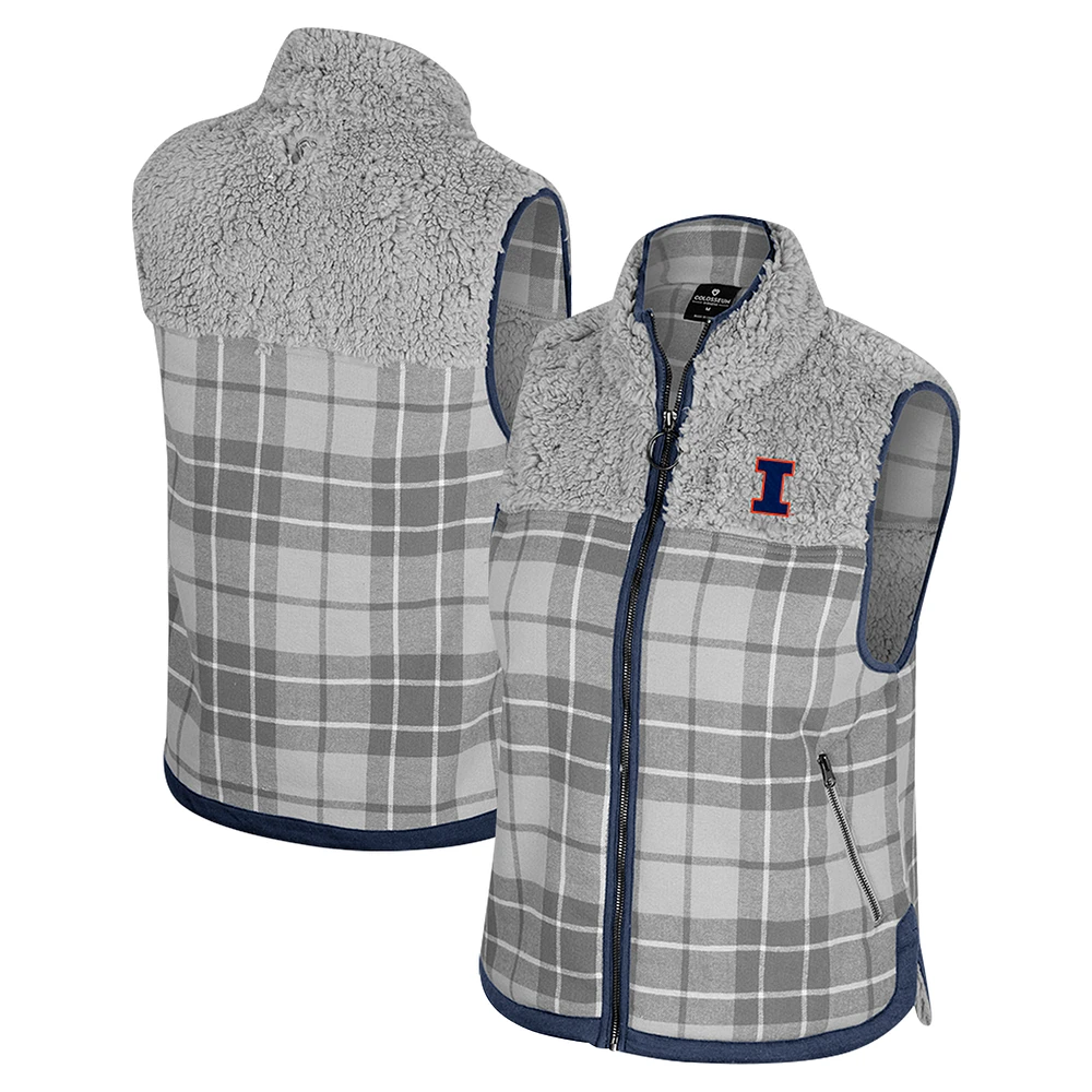 Women's Colosseum Gray Illinois Fighting Illini Matilda Sherpa Plaid Full-Zip Vest