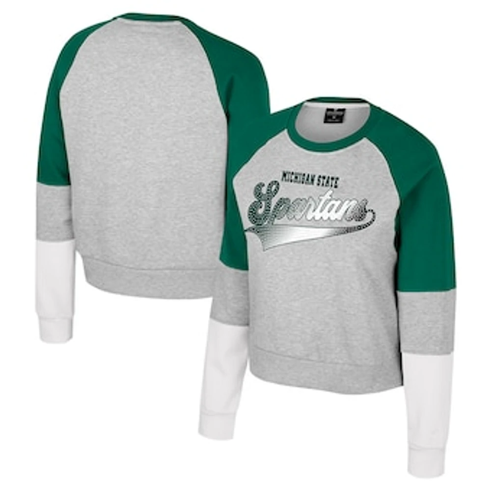 Girls Youth Colosseum Heather Gray Michigan State Spartans Katinka Rhinestone Pullover Sweatshirt