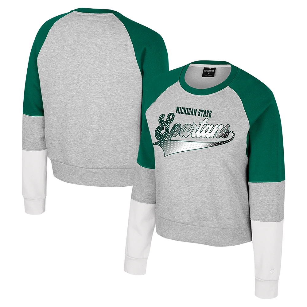 Girls Youth Colosseum Heather Gray Michigan State Spartans Katinka Rhinestone Pullover Sweatshirt