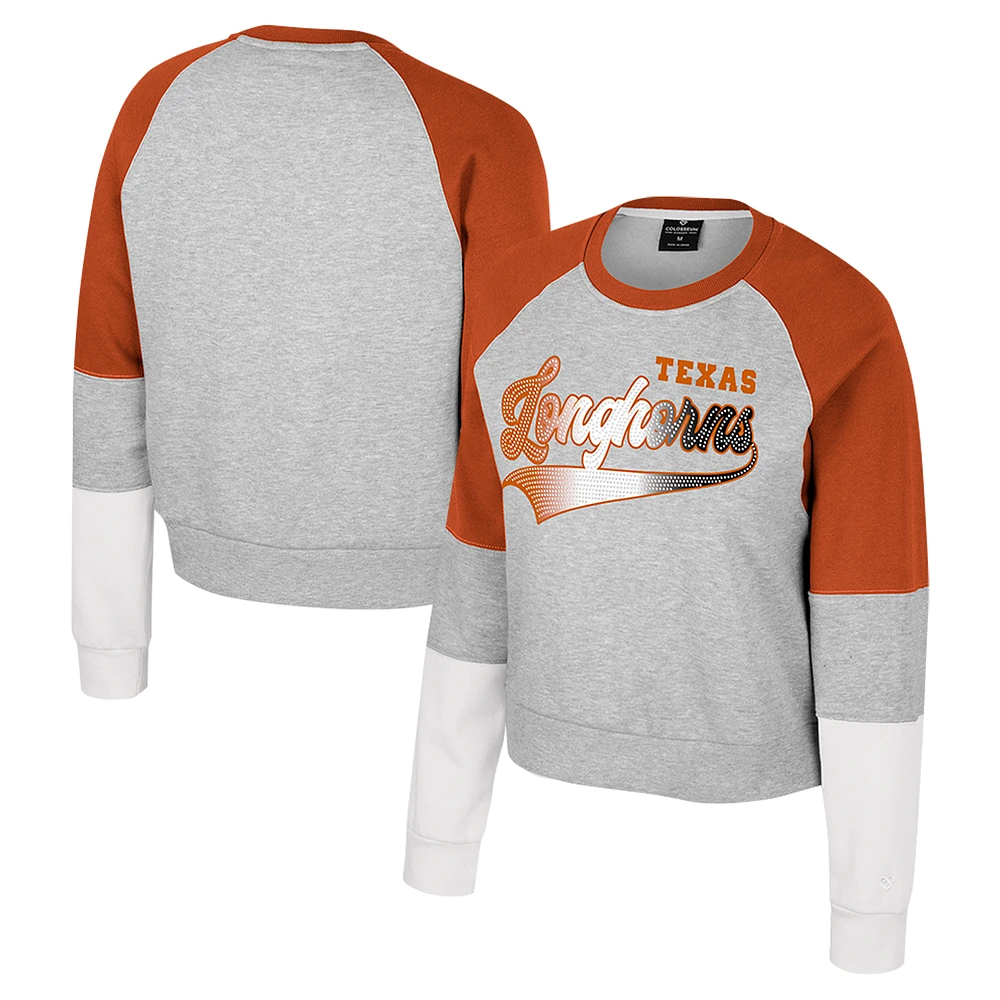 Girls Youth Colosseum Heather Gray Texas Longhorns Katinka Rhinestone Pullover Sweatshirt