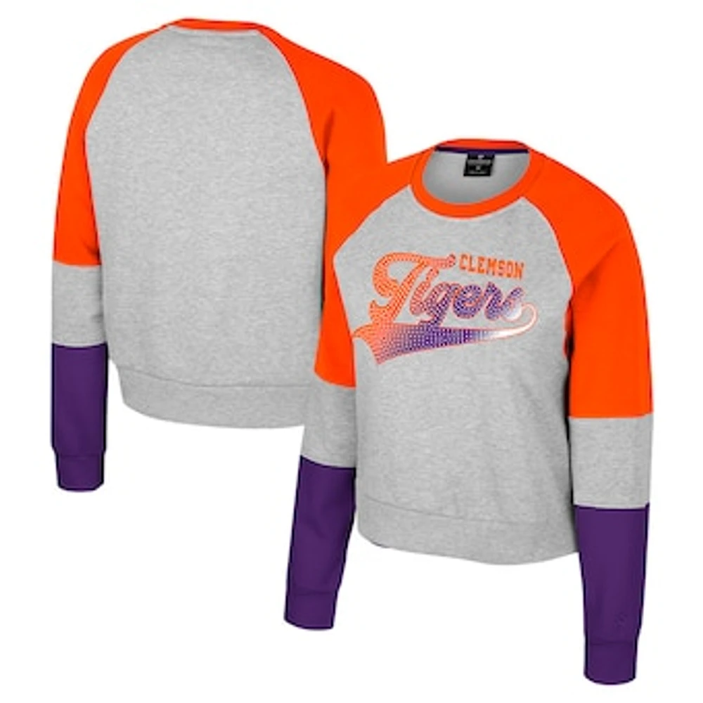 Girls Youth Colosseum Heather Gray Clemson Tigers Katinka Rhinestone Pullover Sweatshirt