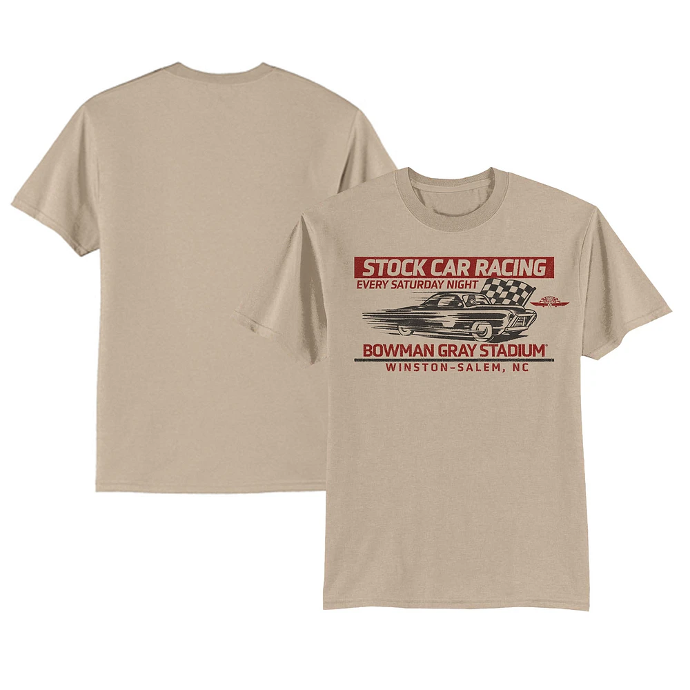 Men's Checkered Flag Sports Tan Bowman Gray Stadium Clash Every Saturday Night T-Shirt