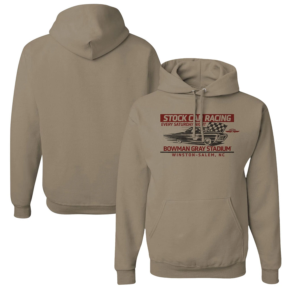 Men's Checkered Flag Sports Khaki Bowman Gray Stadium Clash Every Saturday Night Pullover Hoodie