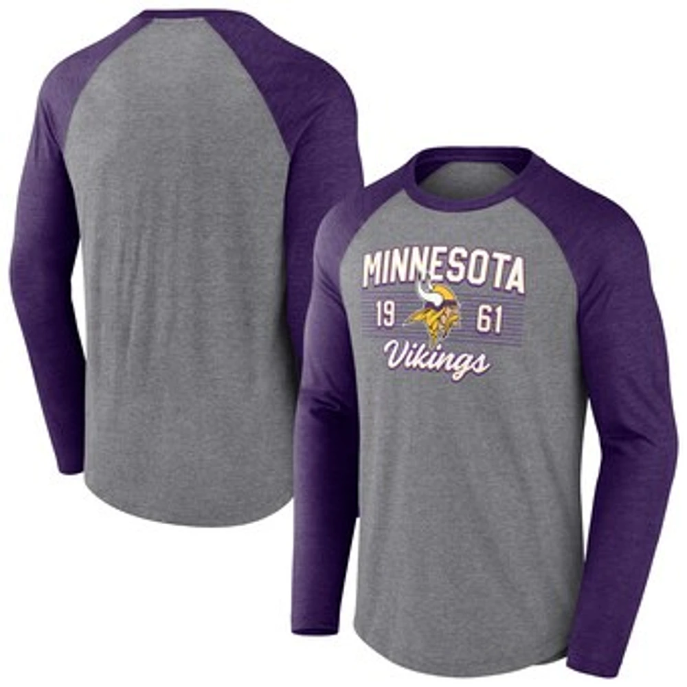 Men's Fanatics  Heather Gray/Heather Purple Minnesota Vikings Weekend Casual Raglan Tri-Blend Long Sleeve T-Shirt