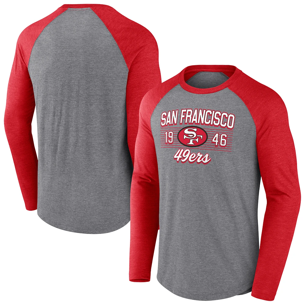 Men's Fanatics  Heather Gray/Heather Scarlet San Francisco 49ers Weekend Casual Raglan Tri-Blend Long Sleeve T-Shirt