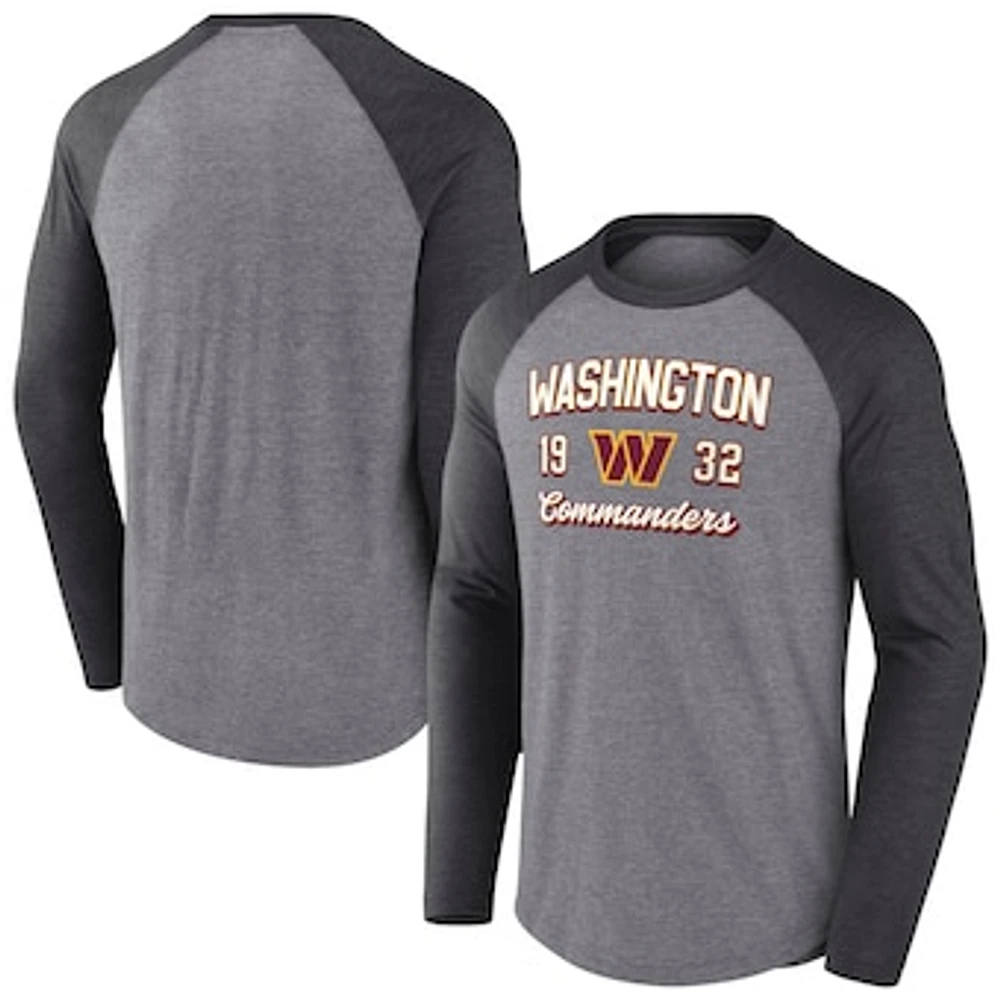 Men's Fanatics  Heather Gray/Heather Charcoal Washington Commanders Weekend Casual Raglan Tri-Blend Long Sleeve T-Shirt