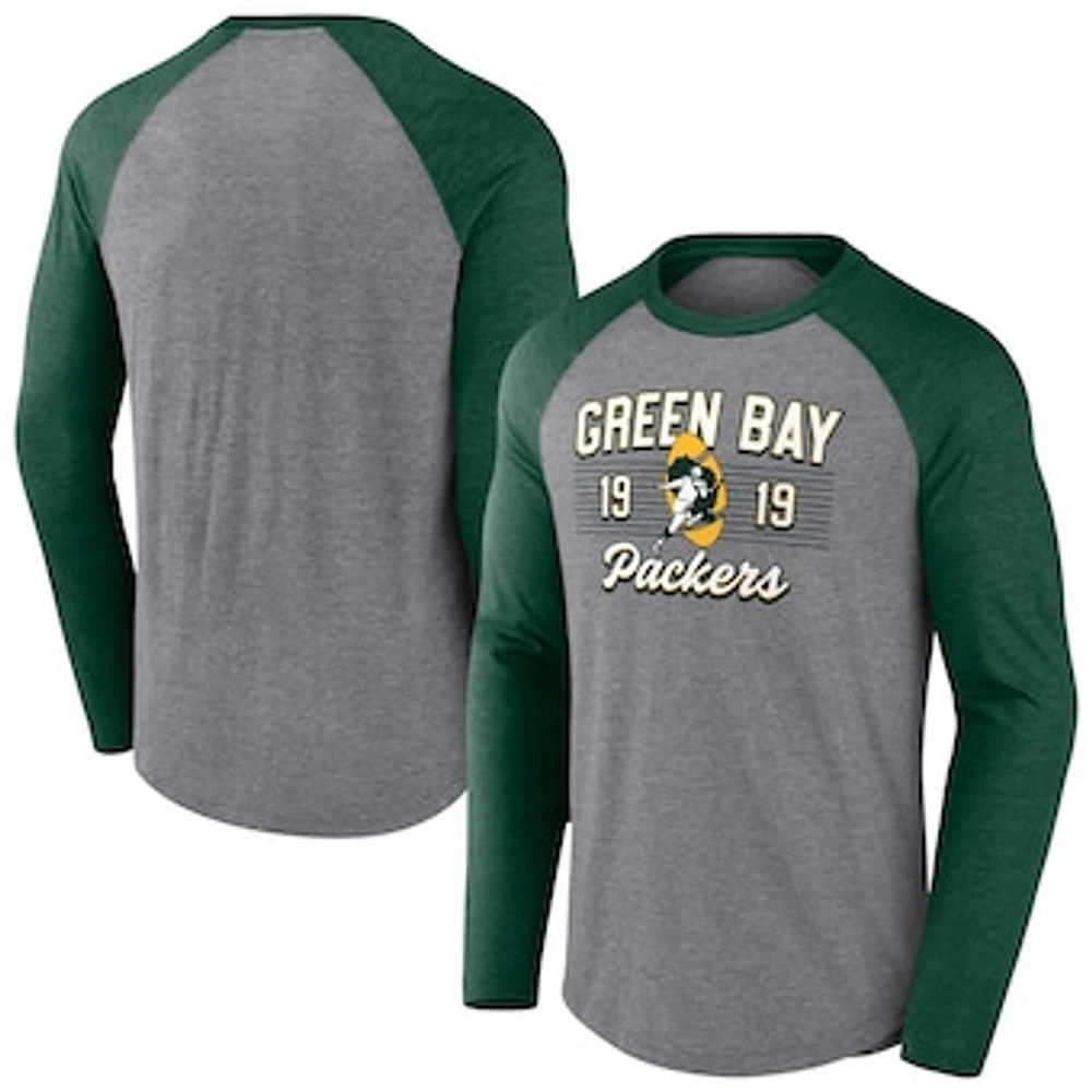 Men's Fanatics  Heather Gray/Heather Green Bay Packers Weekend Casual Raglan Tri-Blend Long Sleeve T-Shirt