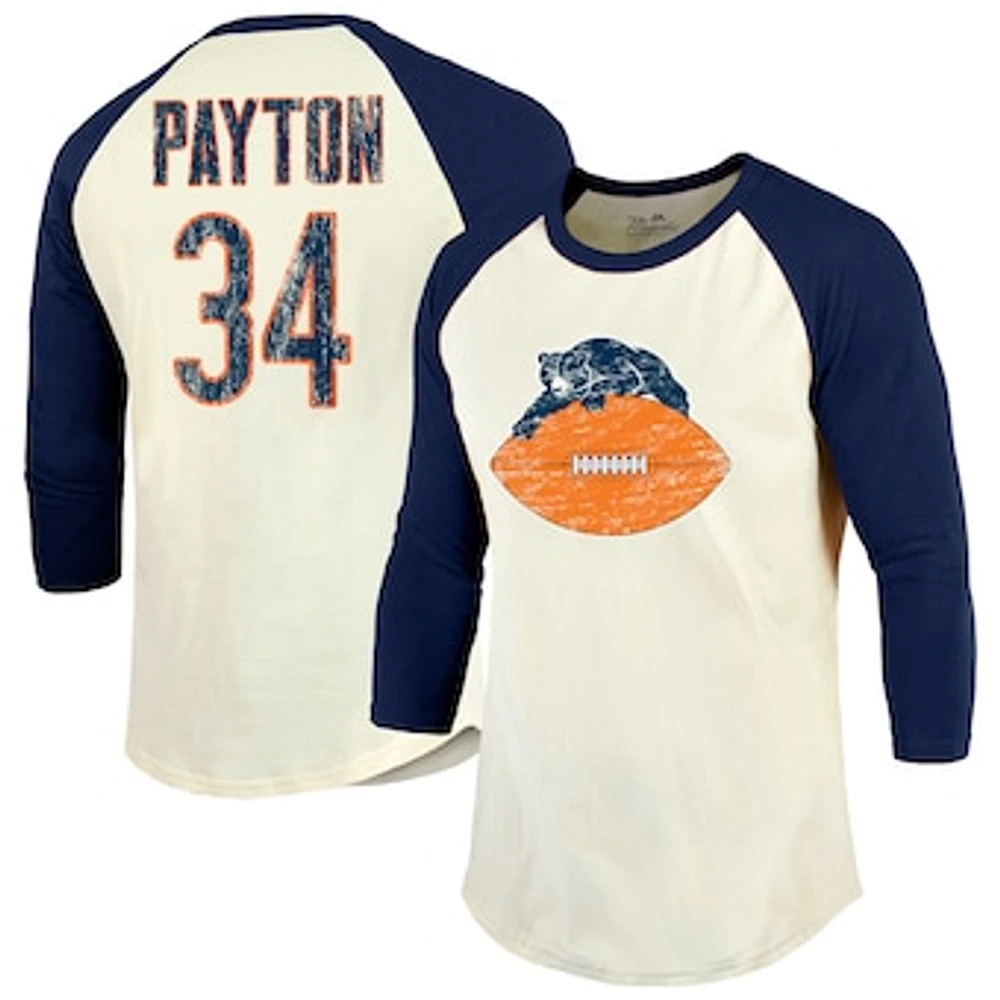 Men's Majestic Threads Walter Payton Cream/Navy Chicago Bears Retired Player Name & Number 3/4 Raglan Sleeve T-Shirt