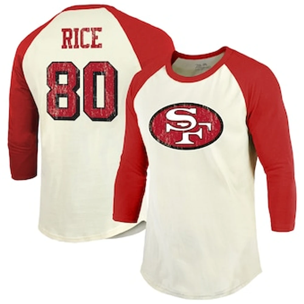 Men's Majestic Threads Jerry Rice Cream/Scarlet San Francisco 49ers Retired Player Name & Number 3/4 Raglan Sleeve T-Shirt