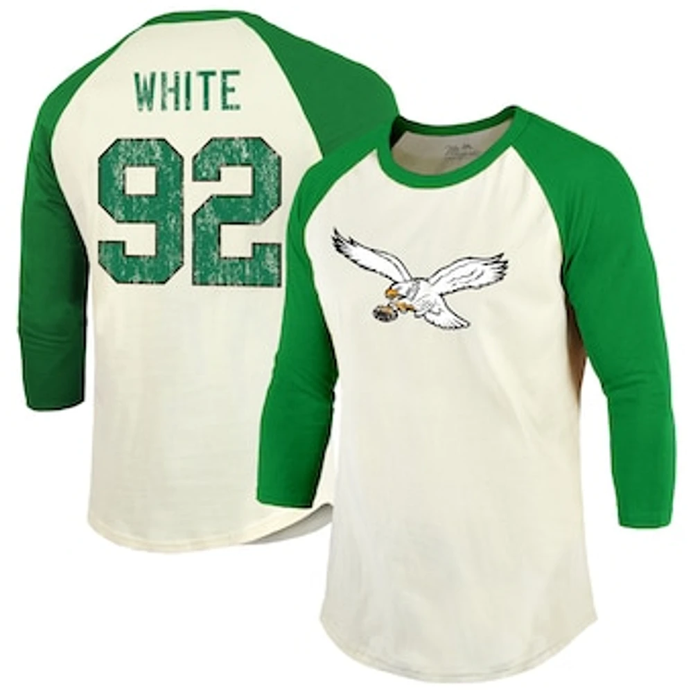 Men's Majestic Threads Reggie White Cream/Kelly Green Philadelphia Eagles Retired Player Name & Number 3/4 Raglan Sleeve T-Shirt