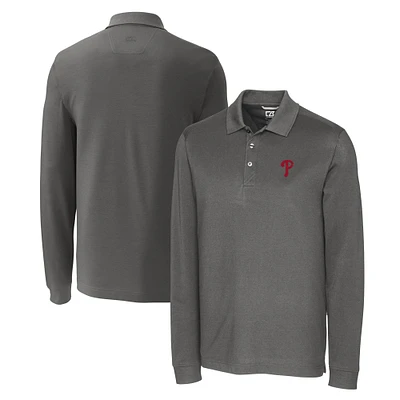 Men's Cutter & Buck Gray Philadelphia Phillies Big Tall Advantage Eco Pique DryTec Tri-Blend Long Sleeve Polo