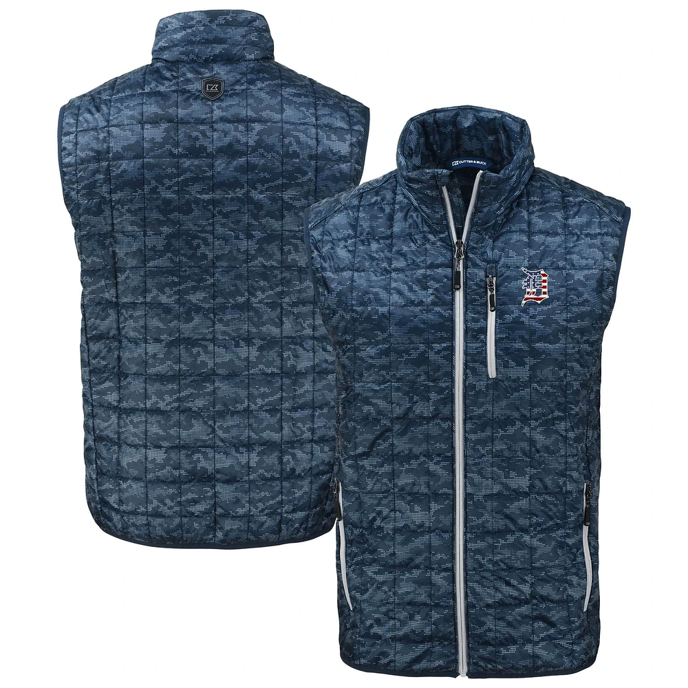 Men's Cutter & Buck Navy Detroit Tigers Rainier PrimaLoft® Eco Insulated Full-Zip Printed Puffer Vest