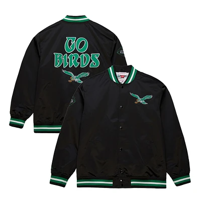 Men's Mitchell & Ness Black Philadelphia Eagles Double Down Satin Vintage Logo Varsity Raglan Full Snap Jacket