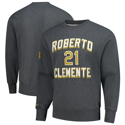 Men's Mitchell & Ness Roberto Clemente Heather Charcoal Pittsburgh Pirates Legends Collection Vintage Logo Name Number Fleece Pullover Sweatshirt
