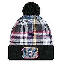 Youth New Era Black Cincinnati Bengals 2024 NFL Crucial Catch Plaid Cuffed Pom Knit Hat