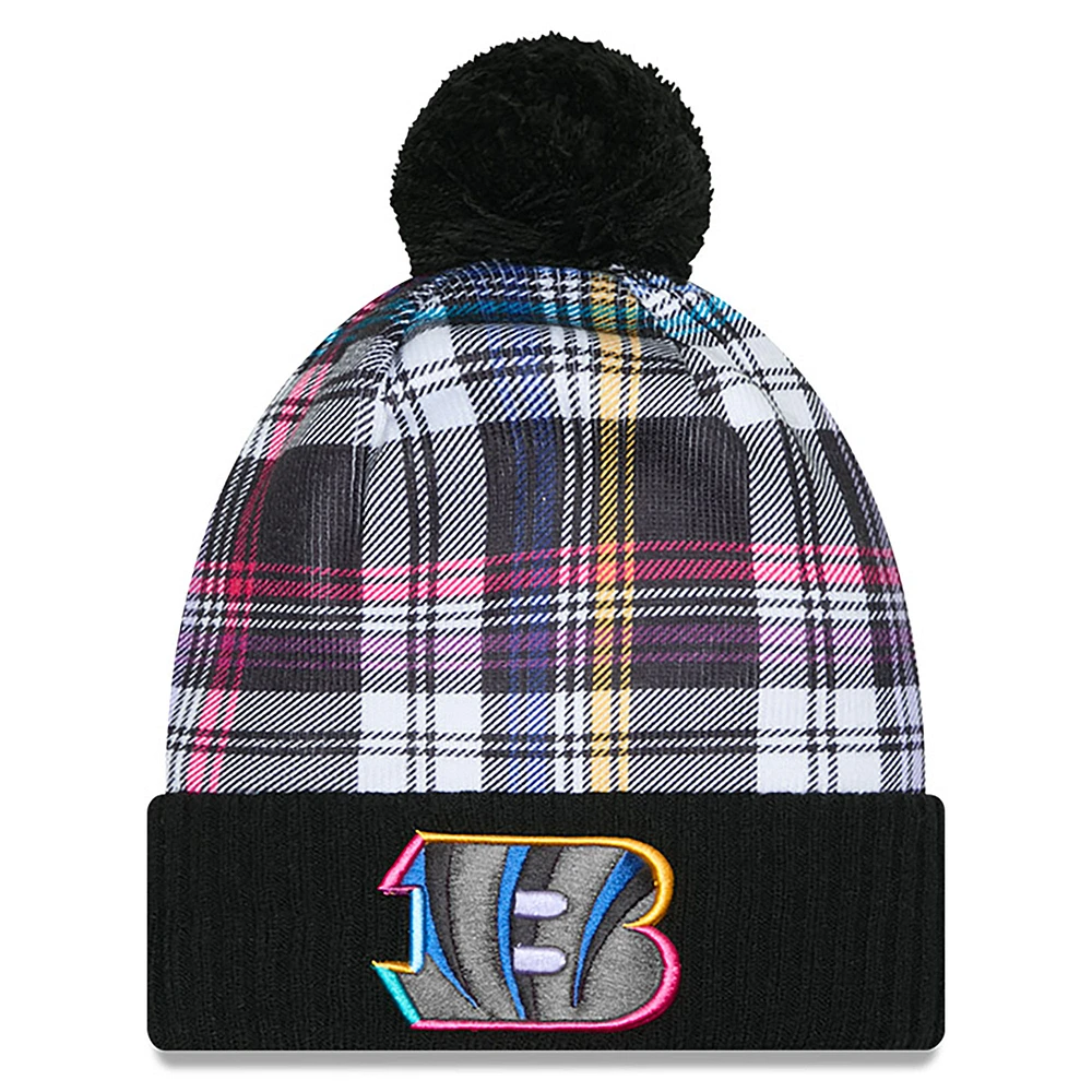 Youth New Era Black Cincinnati Bengals 2024 NFL Crucial Catch Plaid Cuffed Pom Knit Hat