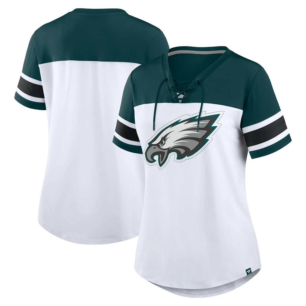 Women's Fanatics White/Midnight Green Philadelphia Eagles Athena Rhinestone Lace-Up V-Neck T-Shirt