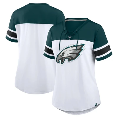 Women's Fanatics White/Midnight Green Philadelphia Eagles Athena Rhinestone Lace-Up V-Neck T-Shirt