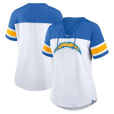 Women's Fanatics White/Powder Blue Los Angeles Chargers Athena Rhinestone Lace-Up V-Neck T-Shirt