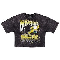 Women's New Era Black Pittsburgh Steelers Cropped Boxy Sport Classics Mineral Wash T-Shirt