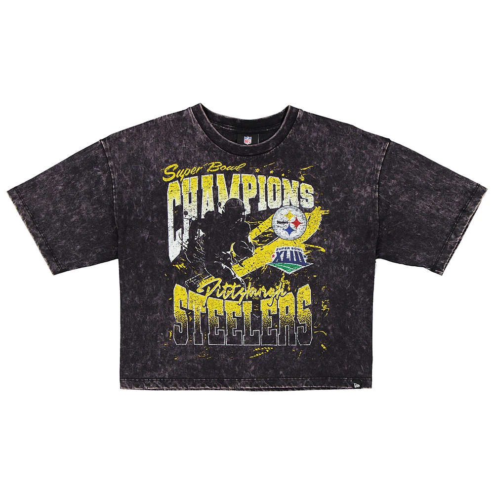 Women's New Era Black Pittsburgh Steelers Cropped Boxy Sport Classics Mineral Wash T-Shirt
