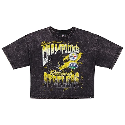 Women's New Era Black Pittsburgh Steelers Cropped Boxy Sport Classics Mineral Wash T-Shirt