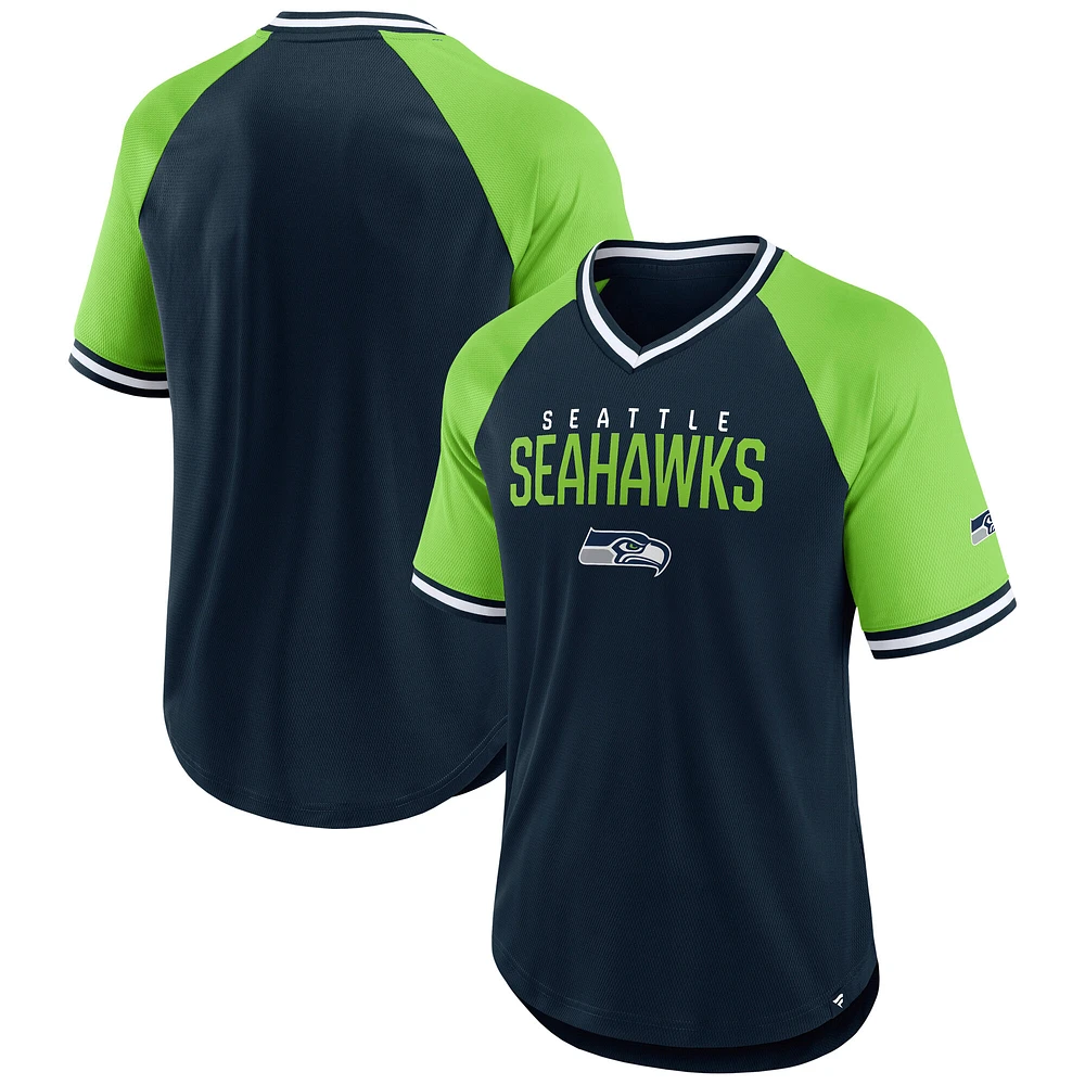 Men's Fanatics College Navy/Neon Green Seattle Seahawks Hashmark Raglan T-Shirt