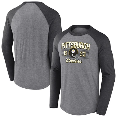 Men's Fanatics  Heather Gray Pittsburgh Steelers Weekend Casual Raglan Long Sleeve Tri-Blend T-Shirt