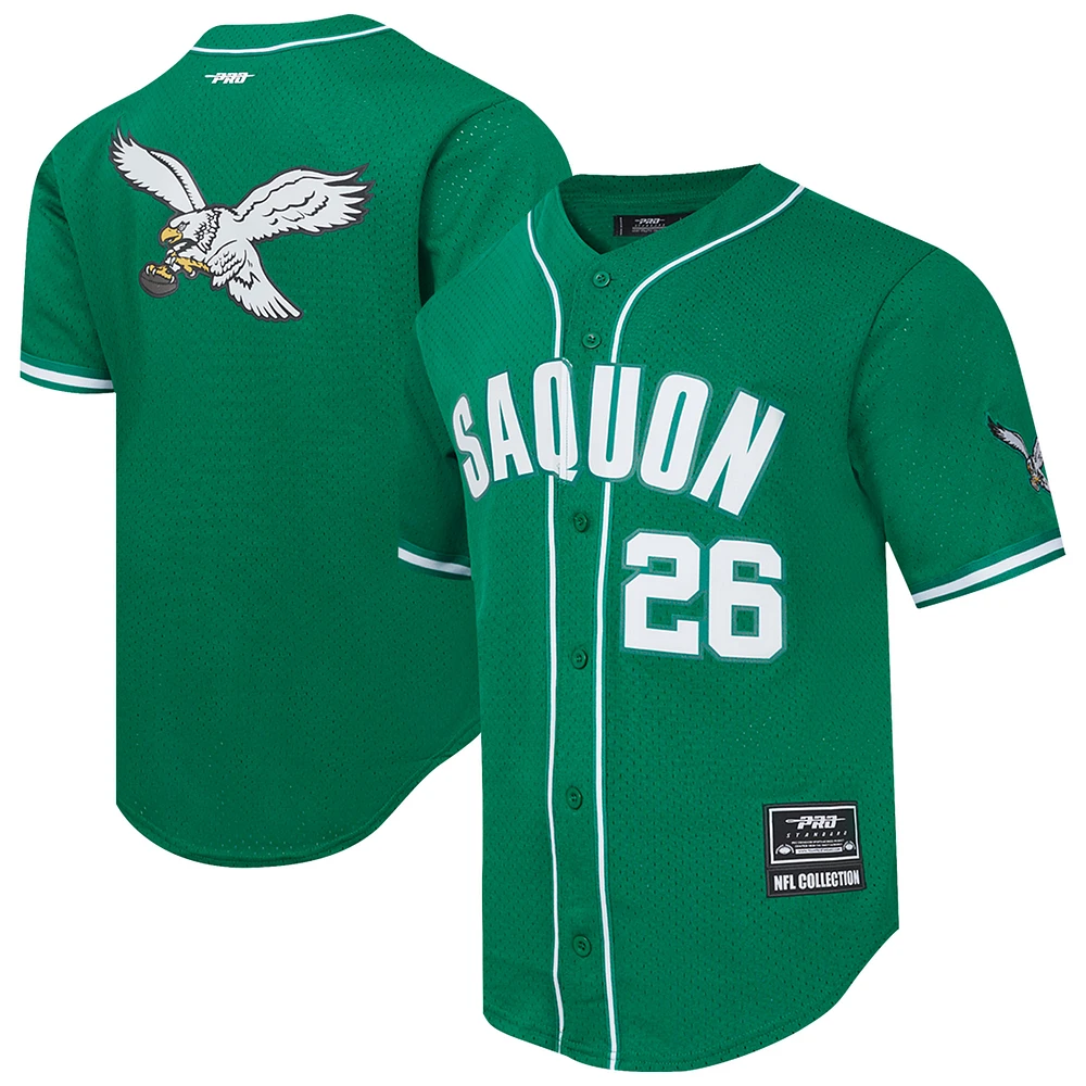 Men's Pro Standard Saquon Barkley Kelly Green Philadelphia Eagles Player Name & Number Mesh Button-Up Baseball Jersey