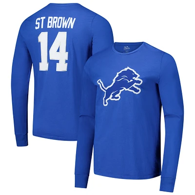 Men's Majestic Threads Amon-Ra St. Brown Blue Detroit Lions Name & Number Long Sleeve T-Shirt