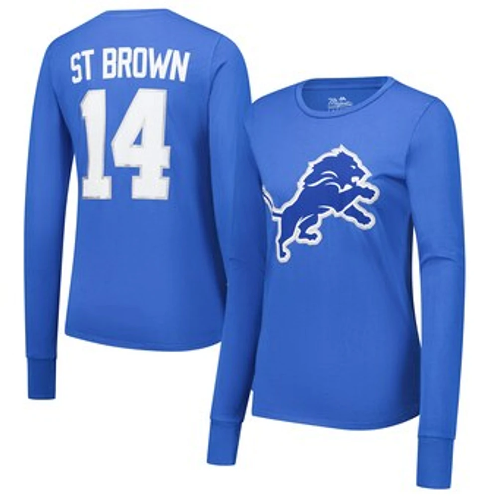 Women's Majestic Threads Amon-Ra St. Brown Blue Detroit Lions Player Name & Number Long Sleeve T-Shirt