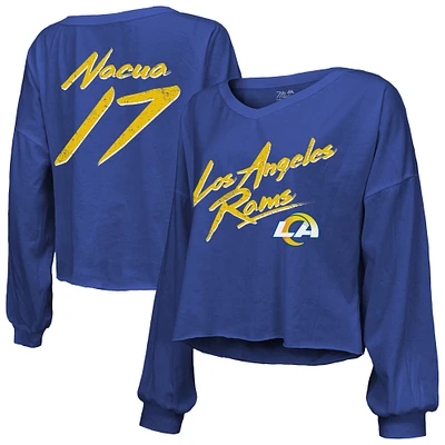 Women's Majestic Threads Puka Nacua Royal Los Angeles Rams Off-Shoulder Script Player Name & Number Cropped Long Sleeve V-Neck T-Shirt