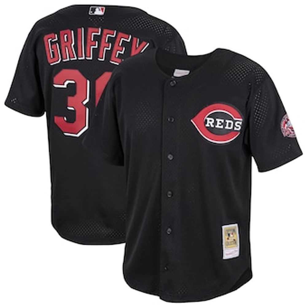 Men's Mitchell & Ness Ken Griffey Jr. Black Cincinnati Reds Cooperstown Collection Mesh Batting Practice Button-Up Jersey