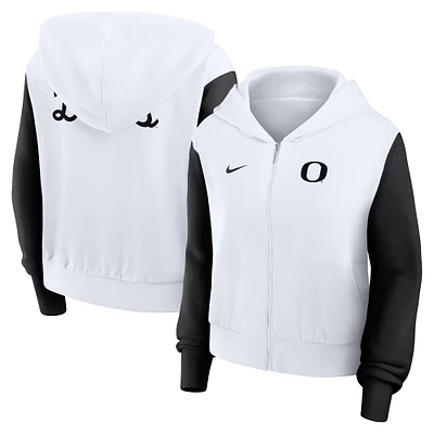 Women's Nike White Oregon Ducks Cropped Beyond Capability Color-Block Script Full-Zip Hoodie