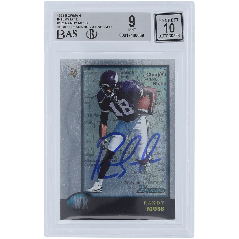 Randy Moss Minnesota Vikings Autographed 1998 Bowman Interstate #182 Beckett Fanatics Witnessed Authenticated 9/10 Rookie Card