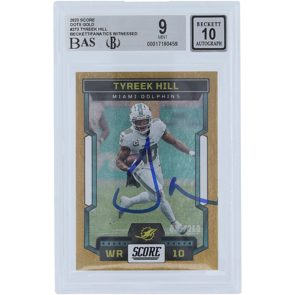 Tyreek Hill Miami Dolphins Autographed 2023 Panini Score Dots Gold #273 #/210 Beckett Fanatics Witnessed Authenticated 9/10 Card