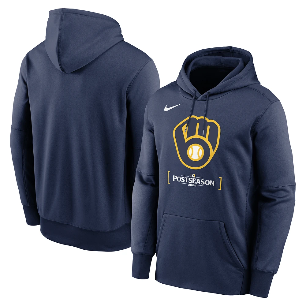 Men's Nike Navy Milwaukee Brewers 2024 MLB Postseason Authentic Collection Therma Pullover Hoodie