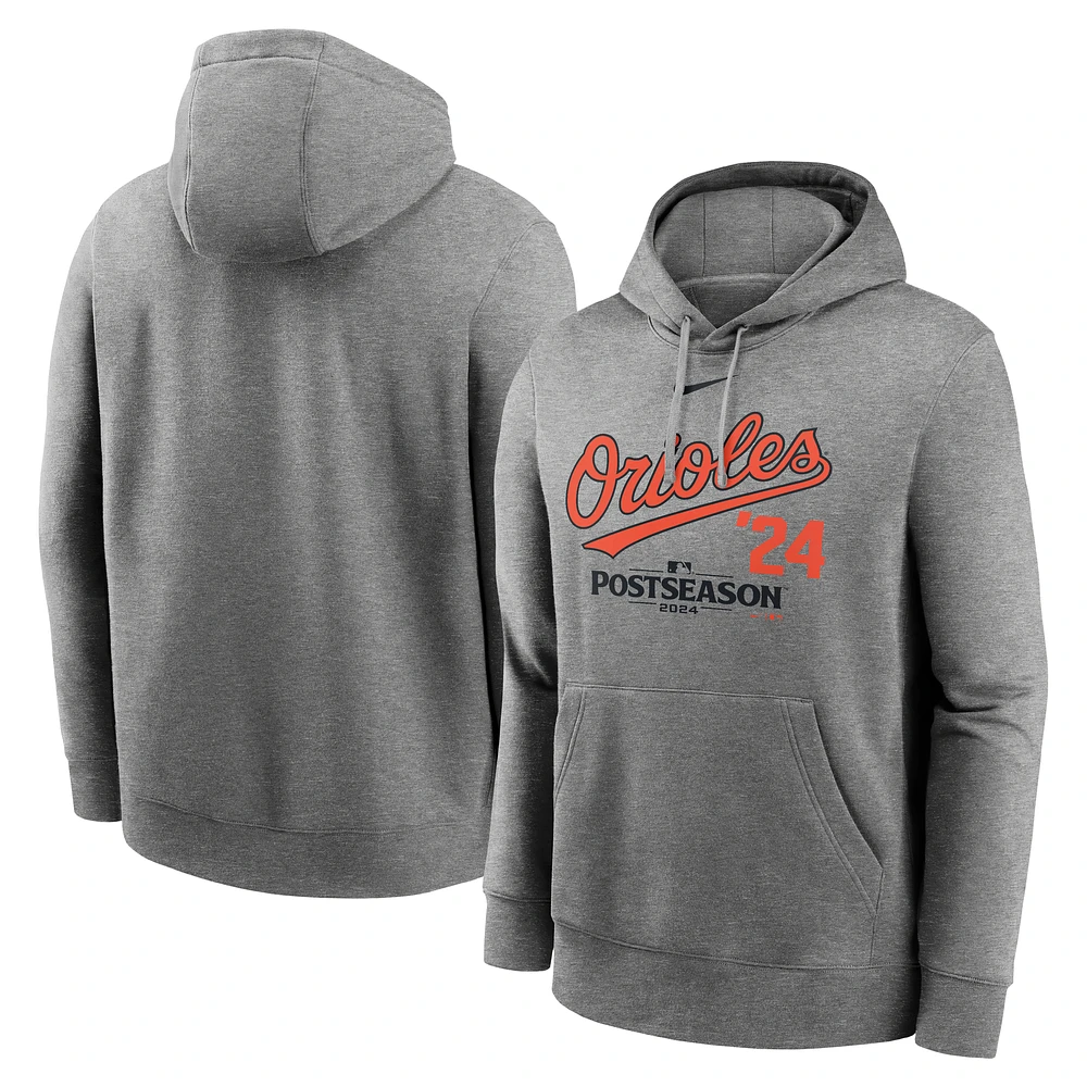 Men's Nike  Heather Charcoal Baltimore Orioles 2024 MLB Postseason Lockup Club Fleece Pullover Hoodie