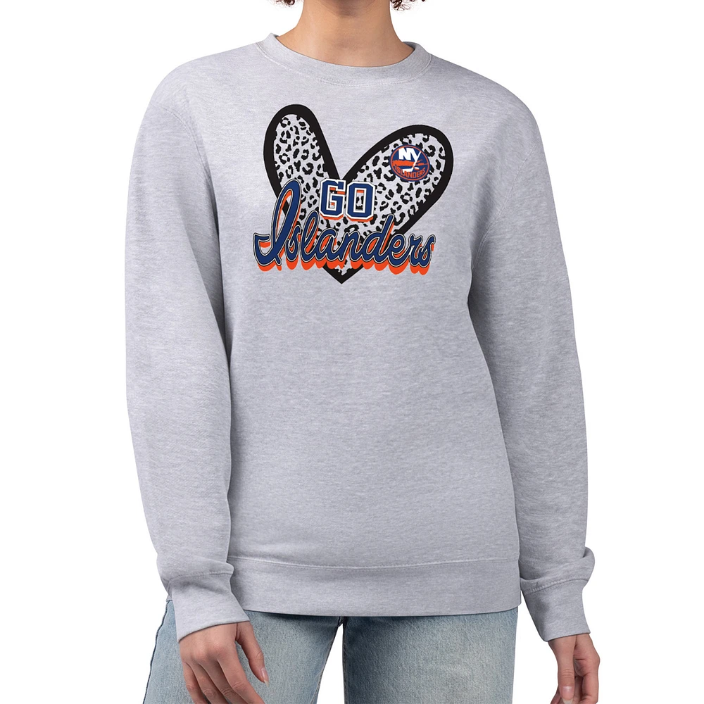 Women's G-III 4Her by Carl Banks Heather Gray New York Islanders Animal Print Heart Fleece Pullover Sweatshirt