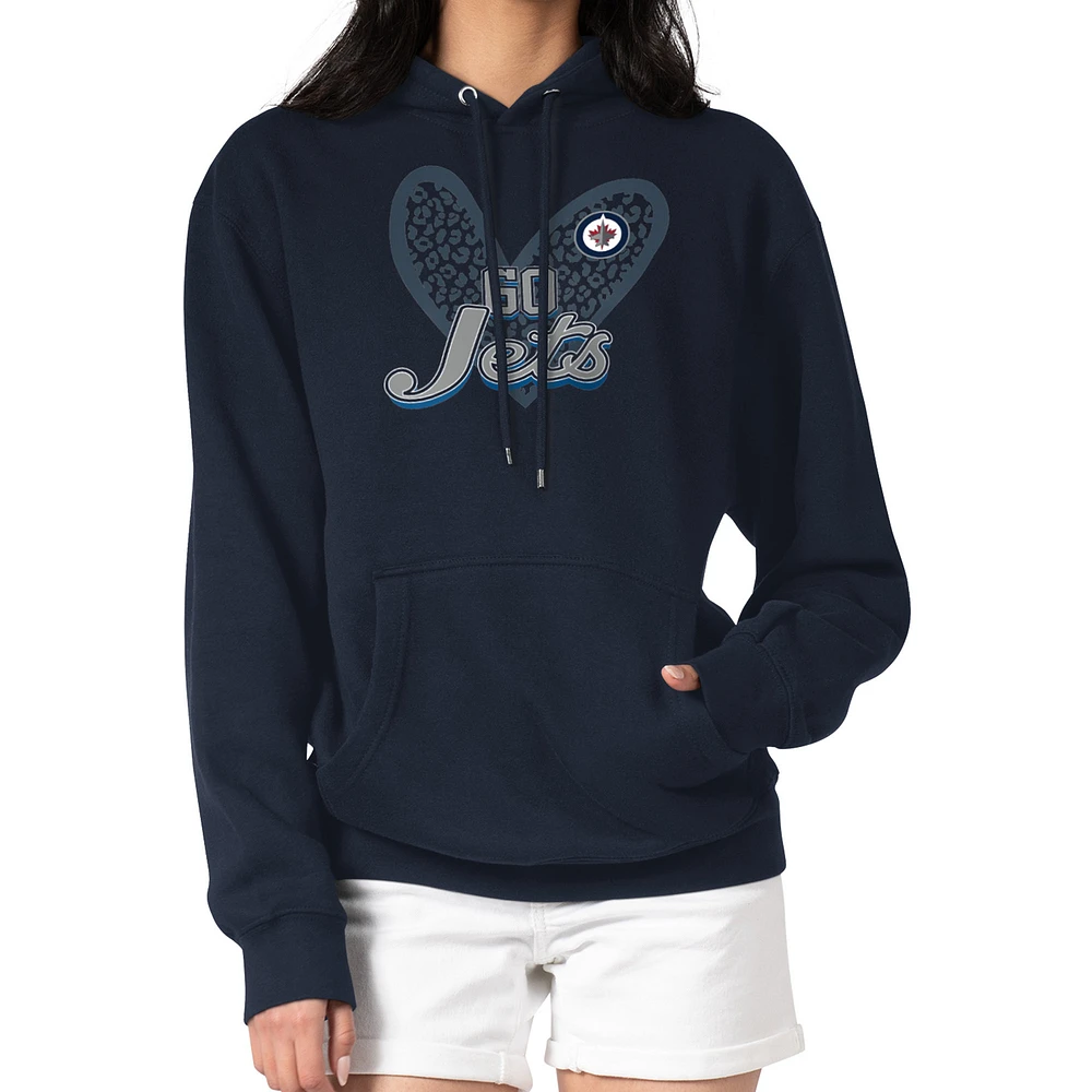 Women's G-III 4Her by Carl Banks Navy Winnipeg Jets Animal Print Heart Fleece Pullover Hoodie