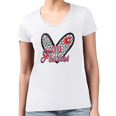 Women's G-III 4Her by Carl Banks White Calgary Flames Animal Print Heart Fitted V-Neck T-Shirt